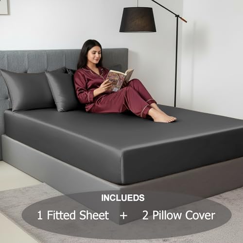 Image of Soft and Silk Satin Fitted Bedsheet for King Size 72X78 +12 in - Elastic Fitted Sheet 400 TC Hotel Collection for Bedroom | Fitted Sheet with Pillow Cover - Dark Grey, King Size