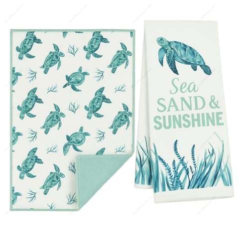 Sea Turtle Kitchen Towel and Drying Mat Set – Absorbent Microfiber Dish Towel & Mat for Coastal Beach Decor