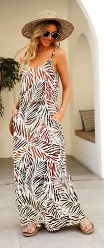 Image of Supnier Women's Summer Maxi Dress Casual V-Neck Sleeveless Bohemian Spaghetti Strap Floral Long Maxi Dress with Pockets