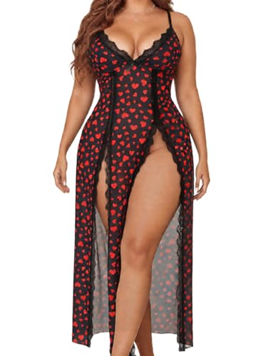 Image of Alrovetoney Plus Size Lingerie For Women Babydoll Sexy Mesh Maxi Nightdress Exotic Sleepwear Side Slits