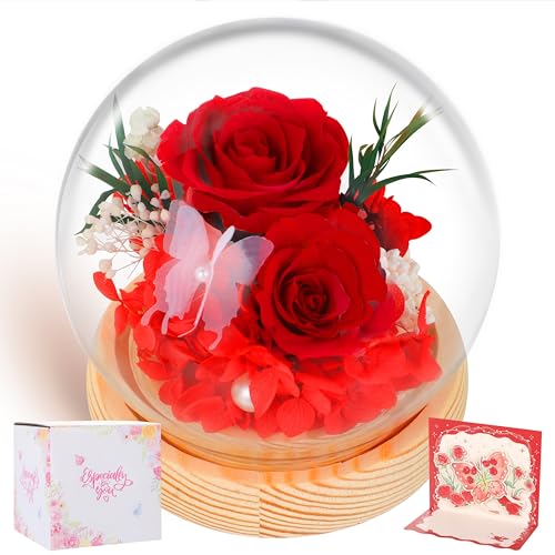 Boriya San Valentin Regalos Mujer - Rosa Eterna, Rosas Eternas Natural Preservada en Cristal,Flor Eterna Rosa en Cupula con Luz LED,Rosa Preservada con Tarjeta Regalo 3D, Rosa Eterna Regalo para Mujer
