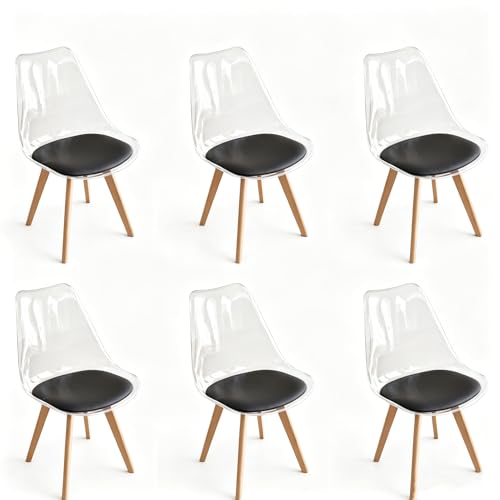GrandCA HOME Lot de 6 Chaises de Salle à Manger avec Coussin de Siège en Cuir PU, Chaises Latérales Transparentes pour Cuisine, Salle à Manger, Chambre à...