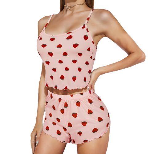 American Trends Cute Pajamas for Women Strawberry Print Cami Top and Shorts Pj Set Two Piece Pajama Set Sleepwear Sleep Set3