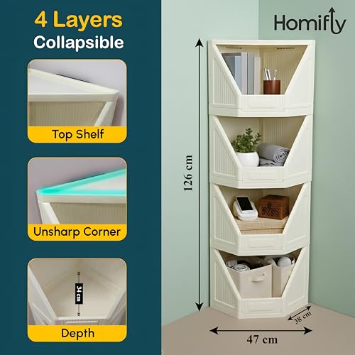 Image of HOMIFLY 4 Tier Corner Storage Cabinet /Stackable Plastic Cupboard for Storage /Foldable Wardrobe for Clothes /Toys Storage Organizer /Cabinet for Kitchen, Bathroom, Living Room (White)