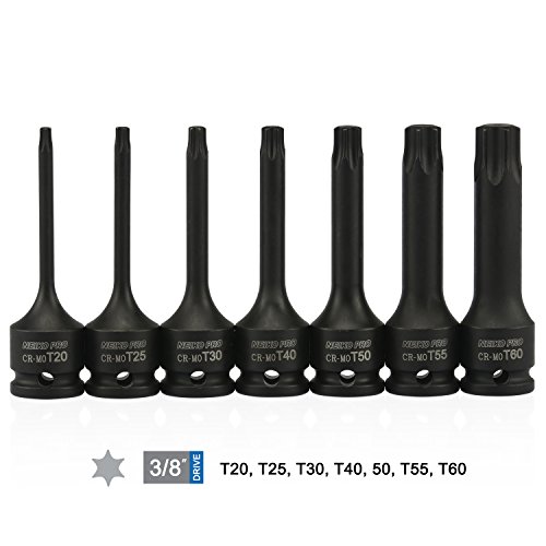 NEIKO 01132B 3/8” Drive Torx Star Driver Bit Socket Set | 7 Piece | T20 to T60 | 3” Length | Cr-Mo Impact Grade