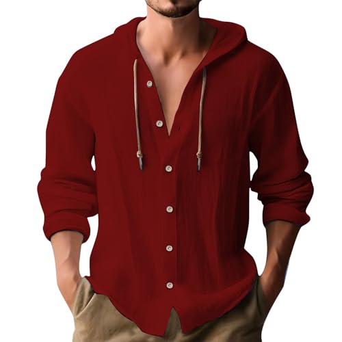 Men's Cotten Linen Hoodie Casual Button Down Long Sleeve Shirt Solid Clothes Hawaiian Beach Tops Lightweight Work