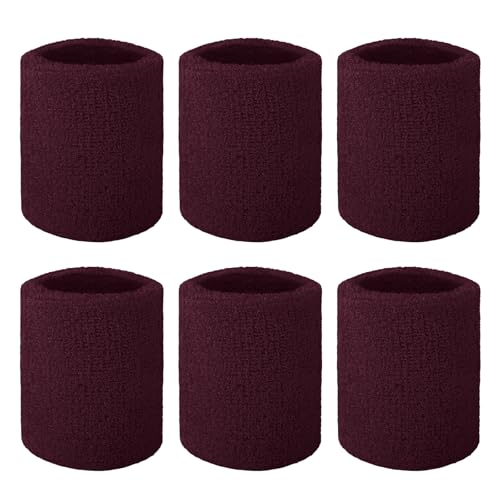 TopTie 6 Pcs Wrist Sweatbands Sports Wristband Terry Cotton Absorbent for Tennis Basketball Competitions, Maroon 3-1/8 Inch