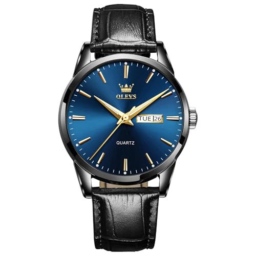 QBAIZI Mens Leather Watch Black and Blue Dress Watches for Men Casual Simple Analog Men's Cuff Watch Inexpensive Round Calendar Waterproof Wristwatch for Men Glow in the Dark Reloj para Hombre