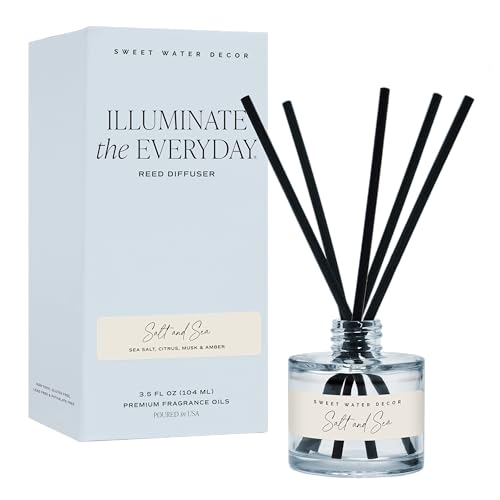 Sweet Water Decor Salt and Sea Reed Diffuser Set Blue Tinted Glass Jar Sea Salt Citrus and Musk Amber Scent Long Lasting Fragrance Non Toxic Oil Reed Diffuser for Home & Office Poured in the USA