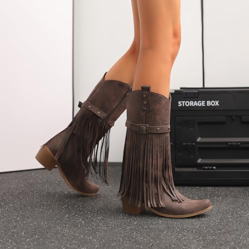 Women's Metal Decoration Fringe Cowboy Western Knee High Boot3