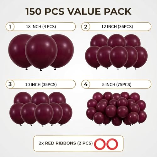 Image of 150PCS Burgundy Balloons Garland Arch Kit, Different Sizes (18 /12 /10 /5 Inch) Dark Red Maroon Matte Latex Balloon Set for Anniversary, Wedding, Birthday Party Decorations
