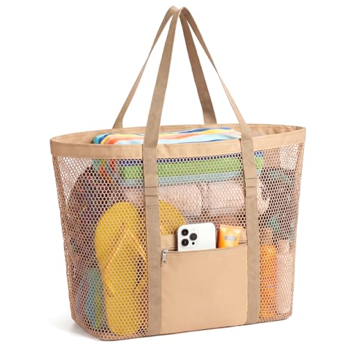 Dntorx Womens Mesh Beach Bag Durable Stylish Beach Tote for Swimming Travel & Vacation Essentials Lightweight Design for Poolside Shopping or Daily Use Spacious & Easy to Cleankhaki