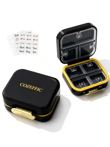 Small Pill Case Travel Pill Organizer - Moisture-Proof 7 Compartments Daily Pill Box for Purse, Pocket & Gym Bag, Secure Double Lock Medicine Vitamin Container for Supplements/Fish Oil - Black