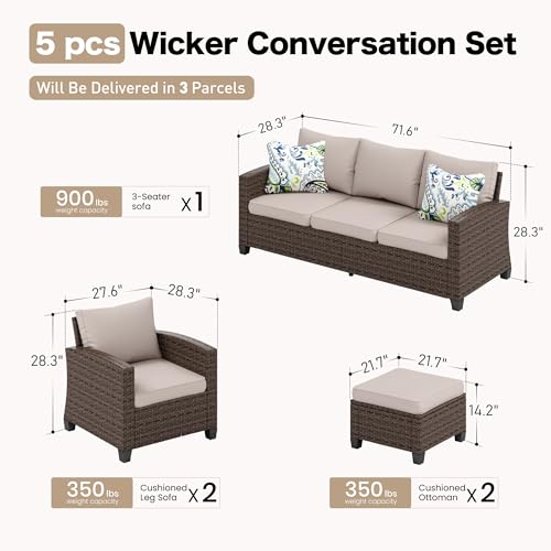 Patio Furniture Set Outdoor Furniture Brown Wicker Rattan Patio Conversation Sets with Cushion Outside Sofa Set,5 Pieces 7 Seats,Beige