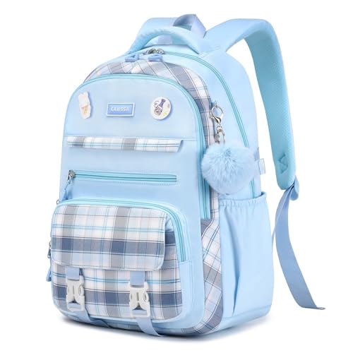 ASKSKY Mochila feminina para escola, bolsa de livros Kawaii para adolescentes, vários bolsos, mochila escolar para ensino fundamental e médio, 1 peça - azul, 26L