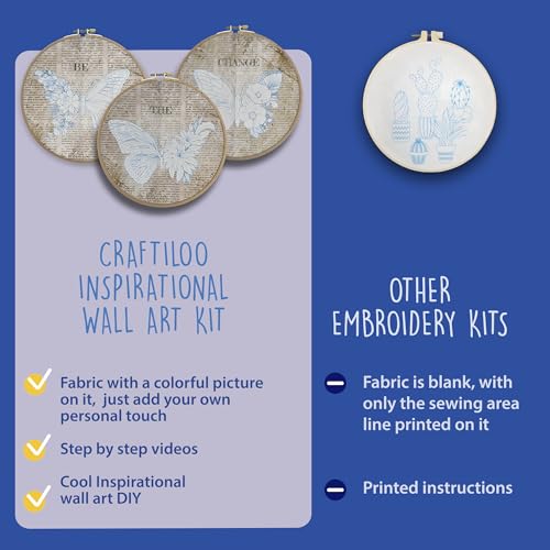 Image of CRAFTILOO Embroidery Kits for Adults Hand Embroidery kit for Beginners with Stamped Embroidery Patterns Starter Embroidery Kit. Needlepoint kit Cross Stitch kit for Teens& Adults Butterflies