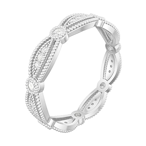 10K White Gold Fancy Marquise Shape Milgrain Simulated Round Brilliant Diamond or Genuine Moissanite Ring Wedding Band2