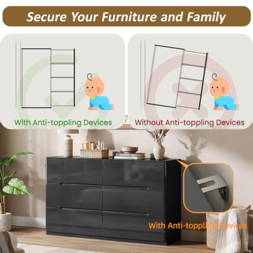 Image of Black Dresser for Bedroom, 47.2 inch Wide 6 Drawer Dresser, Modern High Gloss Dresser Chest of Drawers, Wooden Dressers Organizer for Bedroom, Closet