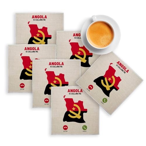sous Verre en Lin - Angola is Calling Me Flag Culture - Lot de 6 (100 x 100 mm)
