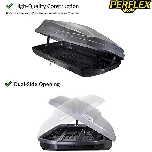 Image of Perflex Exclusive Rooftop Cargo Box Carrier Large 17.7 Cubic Feet Car Top Mount Travel Luggage Storage, Dual Side Opening, 130 Lbs Weight Capacity, Extra Keys, Straps (Silver)