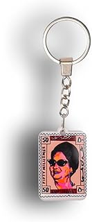 Retro Postage Stamp Design Acrylic Keychain with Metal Chain, Orange and Black, 10 cm