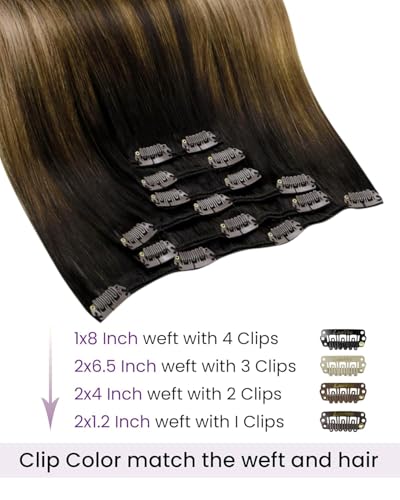 Image of LaaVoo Human Hair Clip In Extensions, Silky Straight, 16 Inch | Darkest Brown Mixed Chestnut Ash Blonde Balayage, 120g 7pcs, Clip On Extensions Human Hair, Smooth, Natural Shine