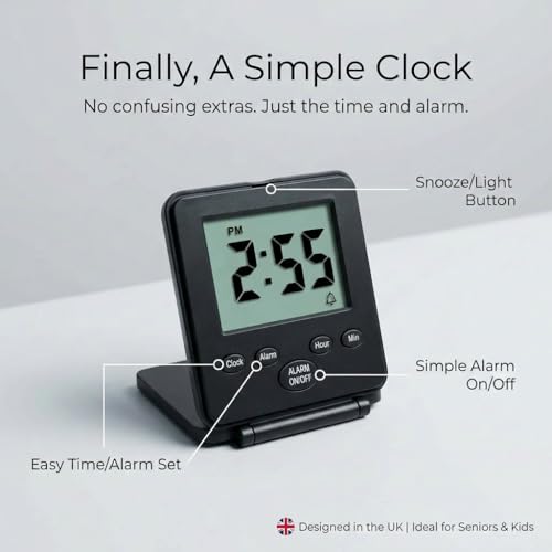 Image of Digital Travel Alarm Clock - No Bells, No Whistles, Simple Basic Operation, Loud Alarm, Snooze, Small and Light, ON /Off Switch, 2 AAA Battery Powered, Black