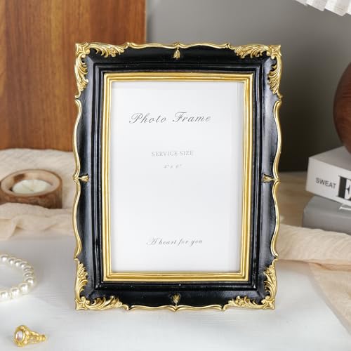 4x6 Picture Frame Black and Gold Vintage Frame, Ornate Textured Hand-Crafted Resin Photo Frame with Glass Front, 4x6 Black Antique Decorative Frames for Wall & Tabletop Home Decor