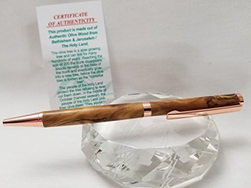 Handmade Slim Twist Pen with Olive Wood from Bethlehem & Rose Gold Color Metal