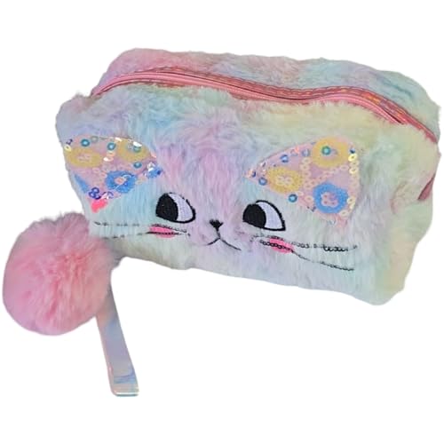 Estojo de Pelúcia em Formato de Gato com Zíper e Pompom (Lilas)