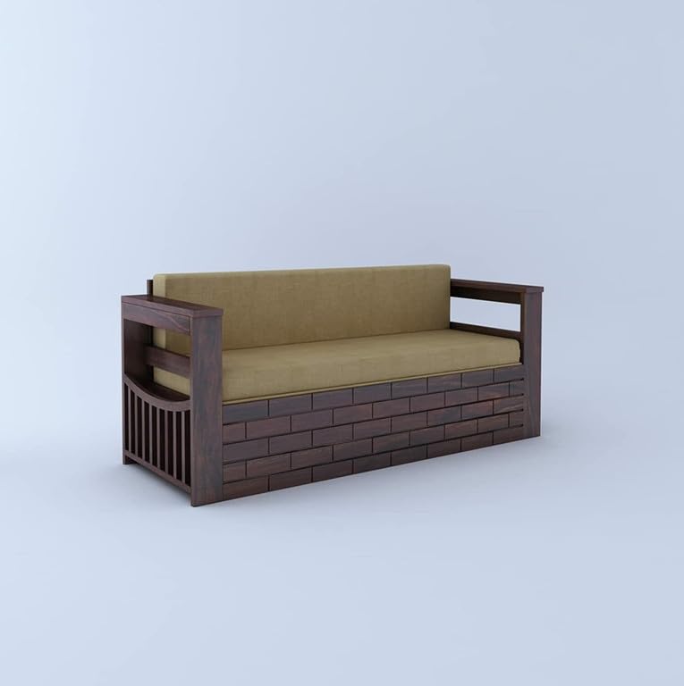Image of Solid Sheesham Wood Sofa Cum Bed 3 Seater | Wooden Foldable Double Bed for Living Room with Headboard & Storage | Bed Cum Sofa with Mattress for Bedroom Furniture (Walnut Finish)
