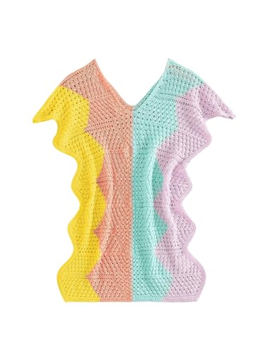 WDIRARA Girl's Crochet Cover Up Color Block Short Sleeve V Neck Beach Swimsuit Coverups