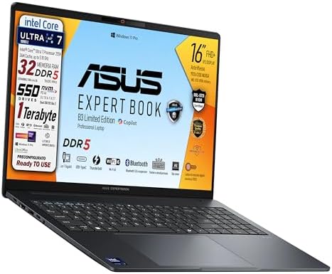 ASUS Notebook B3, Intel Ultra7 255H, Ram DDR5 32Gb, SSD Pci 1Tb, (2x512Gb) Display Ips 16" WUXGA, Intel Arc 140T 16Gb, Wi-FI 6, 2 Usb-C, lan Rj45, Tastiera retroilluminata, fingerprint, Ready to use