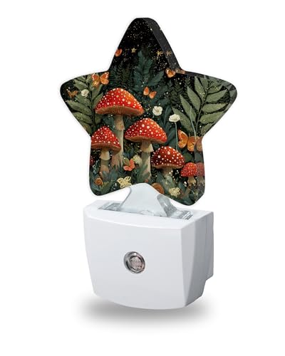 Image of Fantasy Mushroom Nightlights Plug in Wall,Butterfly Moon Decorative Star Lamp with Automatic Lighting for Living Space,Gentle Glow for Kids Room,Hallway,Bathroom