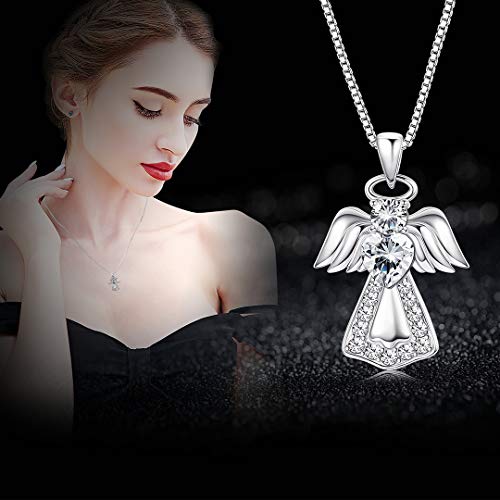 Kesaplan 925 Sterling Silver Guardian Angel Pendant Necklace For Women Heart Crystal Silver Necklace, Crystals From Austria，Jewelry Gifts For Anniversary Birthday #TOP2