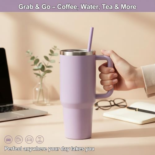 Image of KooK Stainless Steel Tumbler, with Straw and Handle, Leakproof, Vacuum Insulated Travel Coffee Mug, Reusable Double Walled Water Bottle, Keeps Hot or Cold, 40 oz, Lilac