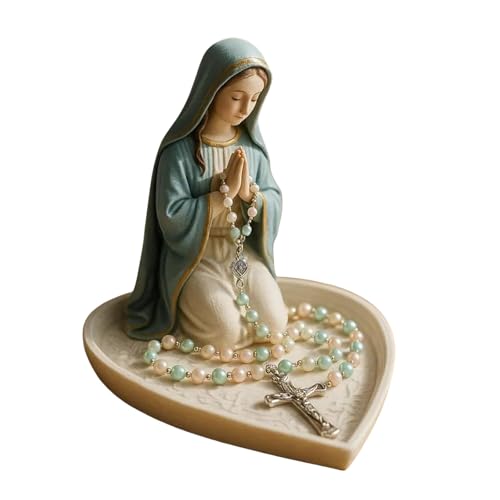 DZHCBNE Porta-doses da Virgem Maria, caixa elegante para rosário nossa senhora, presente religioso católico, bandeja com estátua do coração e Jesus, caixa de jóias da Virgem, para decoração