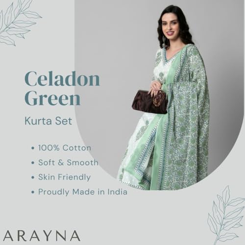 Image of Arayna Women's Cotton Printed Floral Straight Kurta with Palazzo Pants and Dupatta Set