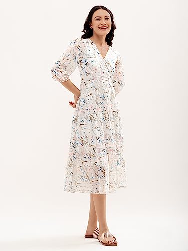 Image of AASK Abstract Printed Puff Sleeve Gathered Detailed Fit Flare Dress