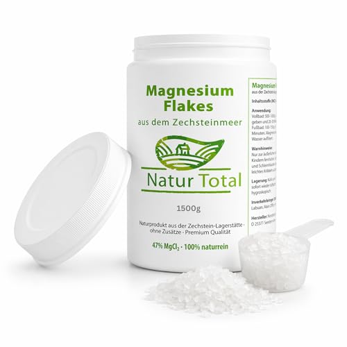Natur Total Magnesium Flakes 1 5 kg | Magnesiumchlorid-Hexahydrat aus dem Zechsteinmeer | 47% MgCl | Premium Badesalz für Fußbad & Vollbad | Wiederverschließbare Dose | Vegan & Naturrein