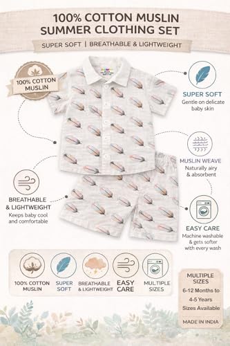 Image of Kuchipoo Boys 100% Muslin Organic Cotton Co-Ord Set | Printed Half Sleeve Shirt & Shorts | Soft Breathable Fabric | Casual Summer Wear | Boys Stylish Outfit