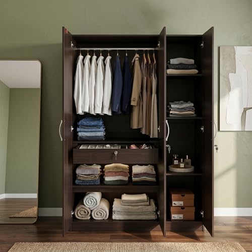 Image of HomeTown Allen Plus 3 Door Wardrobe Walnut (Brown) with Mirror | Wooden Almirah for Bedroom Storage | Modern 3 Door Closet Cabinet | Wardrobe Furniture India
