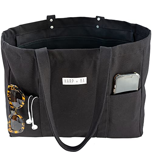 Image of Extra Large Canvas Tote Bag - Utility with 2 Front Pockets and Laptop Sleeve, heavy duty everyday tote