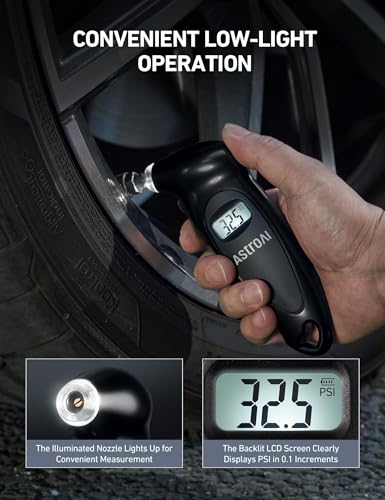 Image of AstroAI Digital Tire Pressure Gauge 150 PSI 4 Settings Car Truck Bicycle Backlit LCD Non-Slip Grip, Black