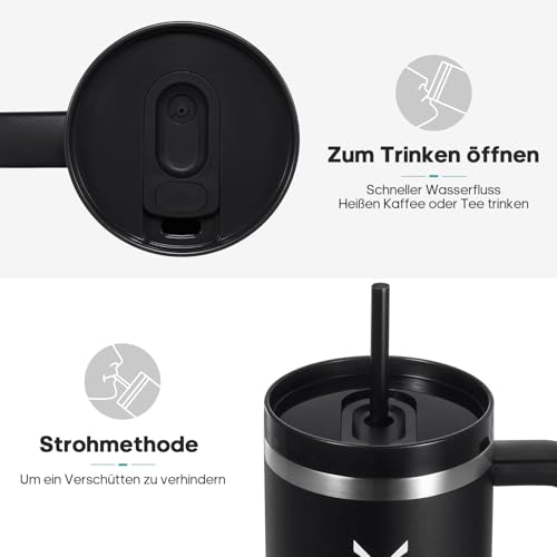Image of Drinking Bottle with Straw, 1.2 L Thermal Mug with Handle, Leak-Proof