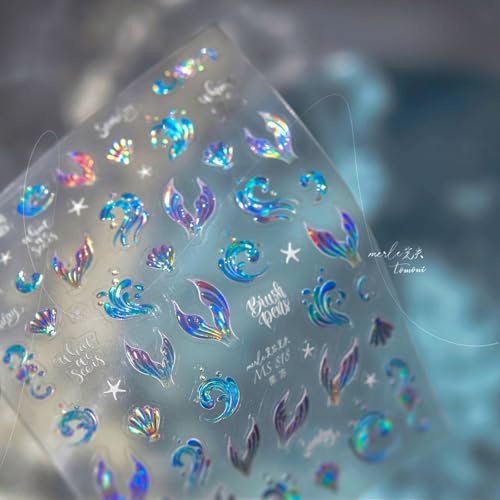 Image of Waves Nail Stickers Blue Nail Decals with Fish Tails Design 5D Embossed Summer Shells Nail Art Stickers Self Adhesive for Women DIY Decoration Accessories