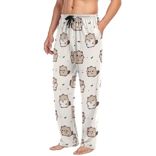 Men’s Happy Beaver Pajama Pants with Pockets, Comfortable Lounge Sleep Bottoms#5774