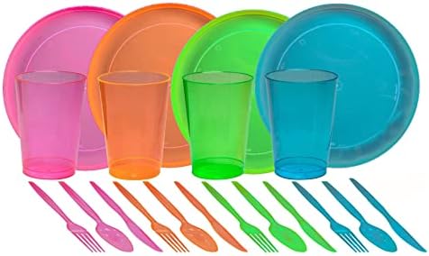 Tiger Chef 40-Piece Neon Assorted Glow Social gathering Provides Contains Neon Assorted Colours Onerous Plastic Plates, Cups and Cutlery in Neon Pink, Blue, Inexperienced and Orange (Service for 8)