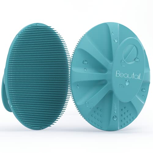 Image of Silicone Body Scrubber Shower Bath Wash Brush Gentle Exfoliating Scrub Cleansing Loofah for Women Men Baby Sensitive Skin, Easy to Clean, Lather Nicely, More Hygienic, 1 Pack, Cyan