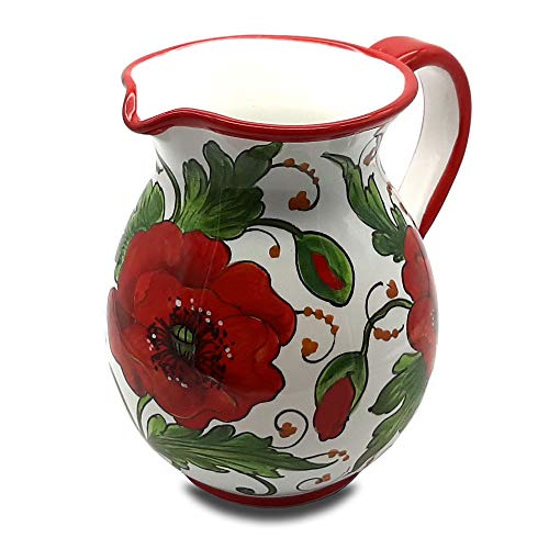 Italian Ceramic Pitcher Poppies - 33 oz Hand Painted Utensil Holder Or Carafe Design for Kitchen - Made in ITALY Tuscany - Italian Pottery Vase Jar for Wine - Home Decor Ceramics Dispenser